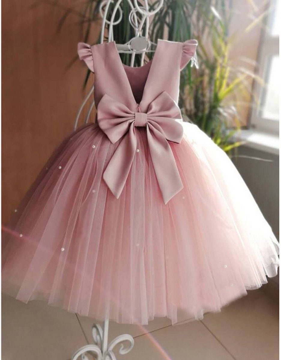 Joya Kids® Bruidsmeisje jurk Meisje Oudroze met Strik | Roze Bruidsmeisjes jurk Tule Rok | Prinsessen jurk | Feestjurk Communie met Parels | Voor 2 tot 10 jaar oud | Maat 140